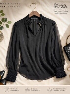 White House Black Market Black Sheer Blouse Textured Cuff High Neck Top Size 8